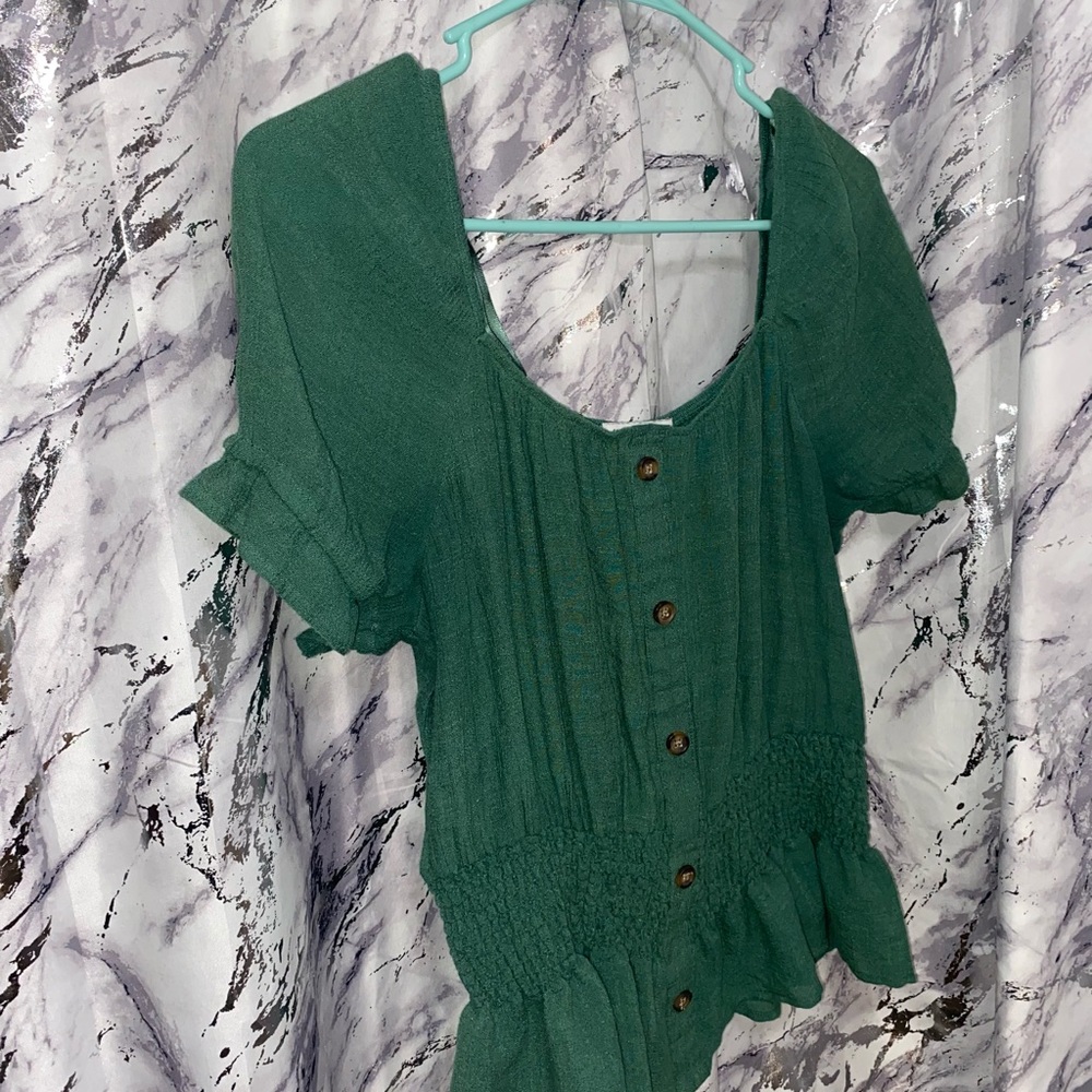 Crescent & Willough Green Off the Shoulder Blouse with Fitted Waist Band